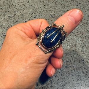 Blue stone artisan abstract adjustable, scroll wrap metal work copper/brass ring